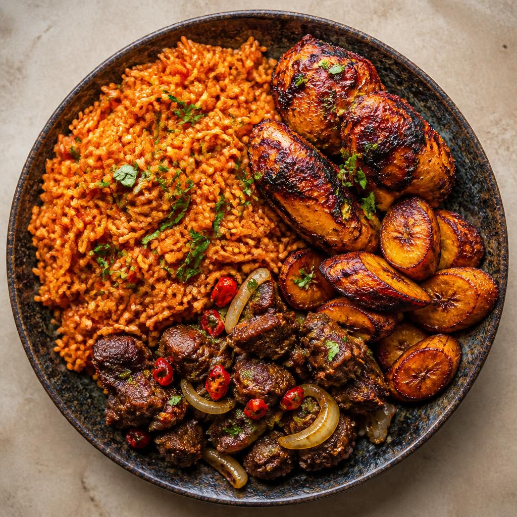 Nigerian feast platter with party jollof rice, grilled chicken, plantain and asun